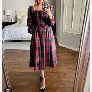 NWT Draper James RSVP Smocked Midi Dress M Red Plaid Long Sleeve Cottagecore